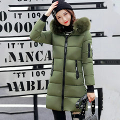 Women’s Winter Fur Collar Parka – Long Slim Thick Hooded Warm Coat