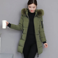 Women’s Winter Fur Collar Parka – Long Slim Thick Hooded Warm Coat
