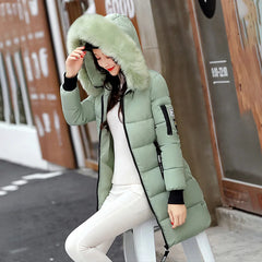 Women’s Winter Fur Collar Parka – Long Slim Thick Hooded Warm Coat