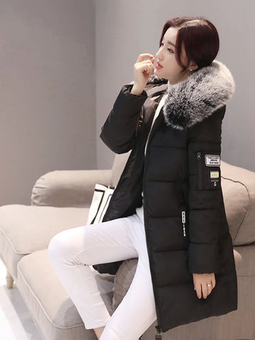 Women’s Winter Fur Collar Parka – Long Slim Thick Hooded Warm Coat