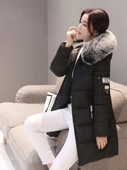 Women’s Winter Fur Collar Parka – Long Slim Thick Hooded Warm Coat