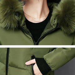 Women’s Winter Fur Collar Parka – Long Slim Thick Hooded Warm Coat