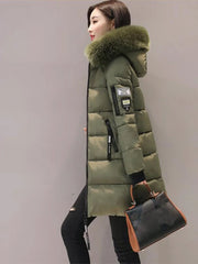 Women’s Winter Fur Collar Parka – Long Slim Thick Hooded Warm Coat