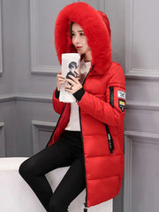 Women’s Winter Fur Collar Parka – Long Slim Thick Hooded Warm Coat