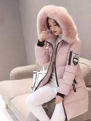 Women’s Winter Fur Collar Parka – Long Slim Thick Hooded Warm Coat