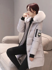 Women’s Winter Fur Collar Parka – Long Slim Thick Hooded Warm Coat