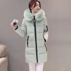 Women’s Winter Fur Collar Parka – Long Slim Thick Hooded Warm Coat