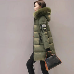 Women’s Winter Fur Collar Parka – Long Slim Thick Hooded Warm Coat