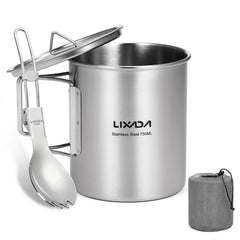 LIXADA 750ml Stainless Steel Camping Mug with Lid & Foldable Handle