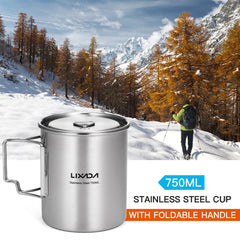 LIXADA 750ml Stainless Steel Camping Mug with Lid & Foldable Handle
