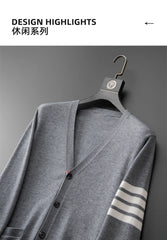 Men’s Classic Striped Knitted Cardigan – High-End V-Neck Sweater Coat