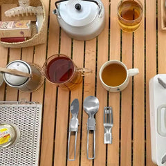 Camping Flatware Set – Stainless Steel Foldable Spoon Fork Knife with Nylon Storage Bag