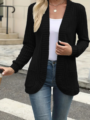 Women’s Solid Color Pit Stripe Cardigan – Soft Brushed Casual Jacket