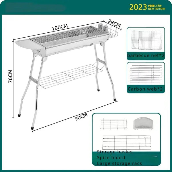 Large Outdoor Stainless Steel Charcoal Grill – Portable Folding BBQ Cooker with Handle, No Installation Needed