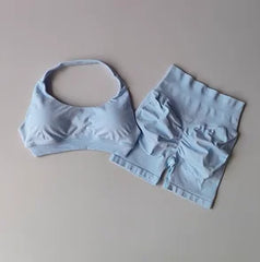 Halter Neck Peach-Lift Sports Bra & Shorts Yoga Set