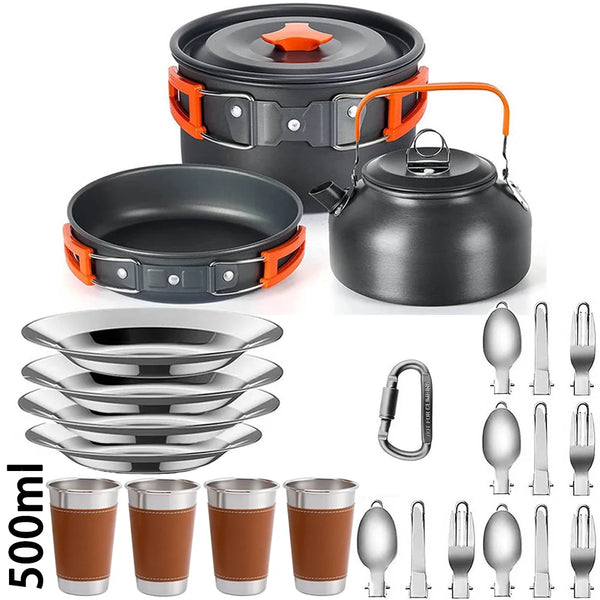 Outdoor Camping Cookware Set – Lightweight Aluminum Picnic Kit with Mesh Bag