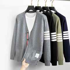 Men’s Classic Striped Knitted Cardigan – High-End V-Neck Sweater Coat