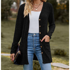 Women’s V-Neck Ribbed Button Cardigan Jacket