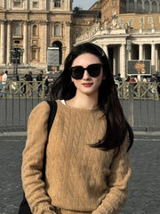 Women’s Autumn Knitted Sweater – Oversized Round Neck Pullover with Embroidered Logo