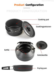 2–3 Person Camping Cookware Set – Folding Pot & Kettle Combination Outdoor Cooking Kit