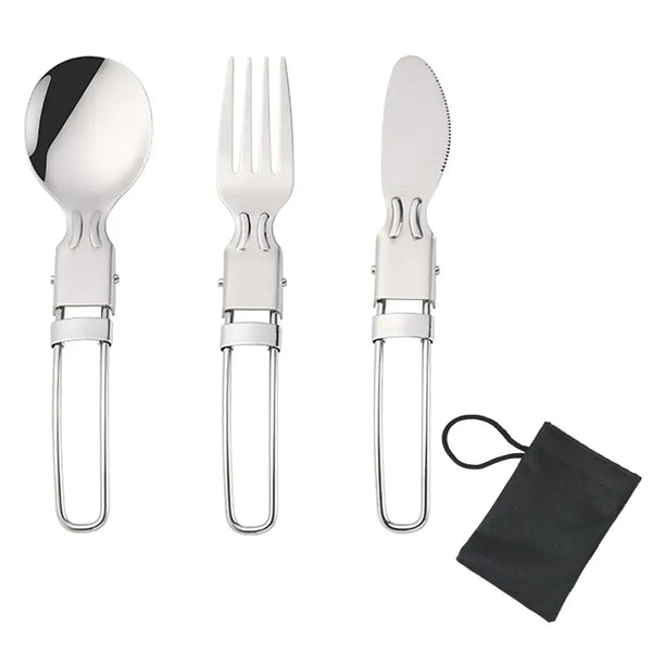 Camping Flatware Set – Stainless Steel Foldable Spoon Fork Knife with Nylon Storage Bag