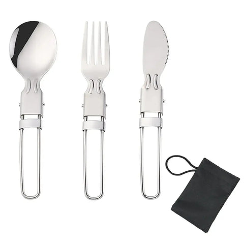 Camping Flatware Set – Stainless Steel Foldable Spoon Fork Knife with Nylon Storage Bag
