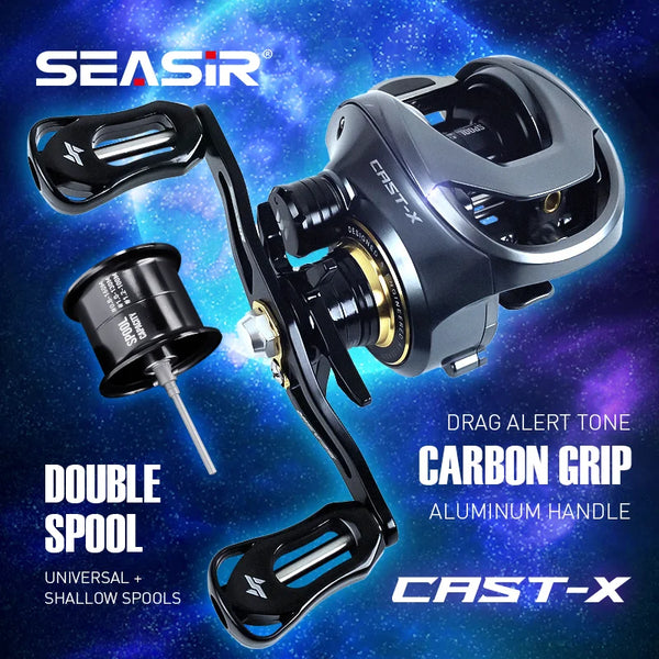 SEASIR Cast-X 7.3:1 Baitcasting Reel – Aluminum Double Spool, Carbon Grip, BFS Micro Fishing Reel