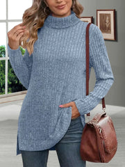 Women’s Thick Striped Turtleneck Sweater – Warm Loose Knit Autumn Pullover