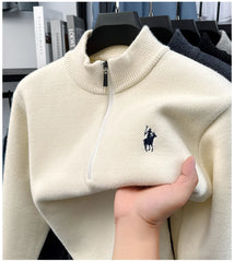 High-Quality Me Half-Zip Sweater – Designer Knit Pullover with Plush Warm Lining & Embroidered Horse Logo