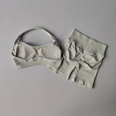 Halter Neck Peach-Lift Sports Bra & Shorts Yoga Set