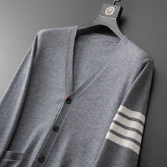 Men’s Classic Striped Knitted Cardigan – High-End V-Neck Sweater Coat