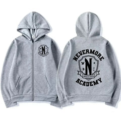 Nevermore Academy Graphic Zipper Hoodie – Unisex Casual Oversized
