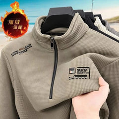 Men’s Vintage Half-Zip Fleece Pullover – Thick Plaid Wool Turtleneck Sweatshirt