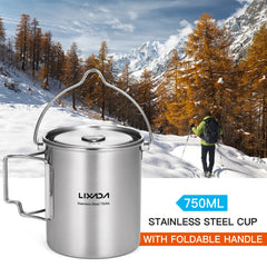 LIXADA 750ml Stainless Steel Camping Mug with Lid & Foldable Handle