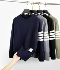 Luxury Men’s Striped Knit Sweater – Trendy Round Neck Autumn/Winter Pullover