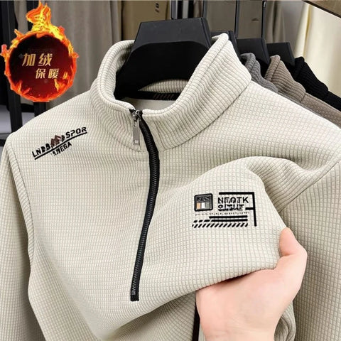 Men’s Vintage Half-Zip Fleece Pullover – Thick Plaid Wool Turtleneck Sweatshirt