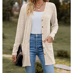 Women’s V-Neck Ribbed Button Cardigan Jacket