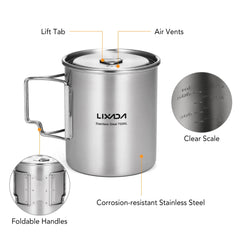 LIXADA 750ml Stainless Steel Camping Mug with Lid & Foldable Handle