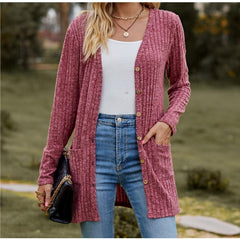Women’s V-Neck Ribbed Button Cardigan Jacket