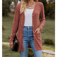 Women’s V-Neck Ribbed Button Cardigan Jacket
