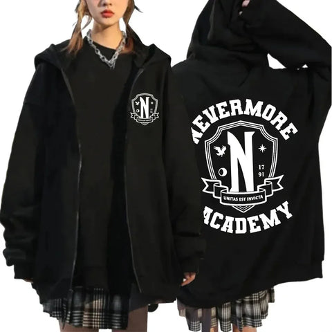 Nevermore Academy Graphic Zipper Hoodie – Unisex Casual Oversized