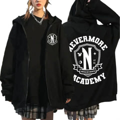 Nevermore Academy Graphic Zipper Hoodie – Unisex Casual Oversized