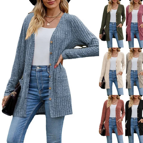 Women’s V-Neck Ribbed Button Cardigan Jacket