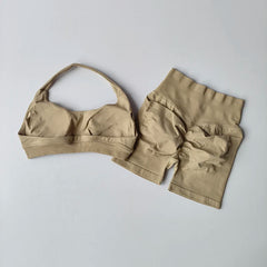Halter Neck Peach-Lift Sports Bra & Shorts Yoga Set