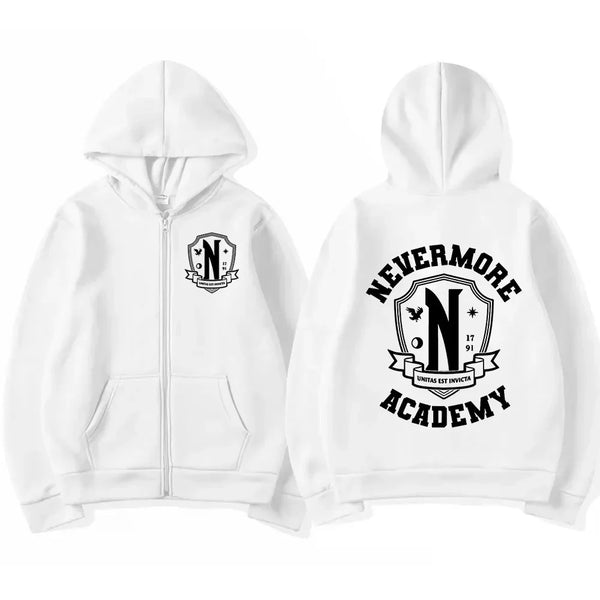 Nevermore Academy Graphic Zipper Hoodie – Unisex Casual Oversized