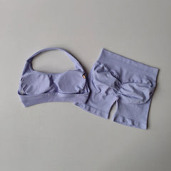 Halter Neck Peach-Lift Sports Bra & Shorts Yoga Set