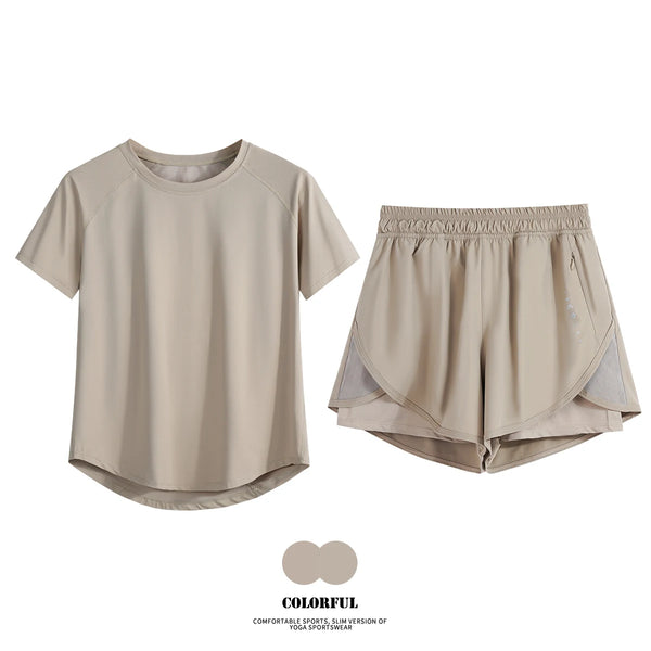 DRUR Women’s 2-Piece Summer Gym Set – Short Sleeve Top & Shorts Tracksuit