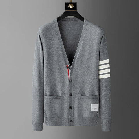 Men’s Classic Striped Knitted Cardigan – High-End V-Neck Sweater Coat