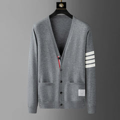 Men’s Classic Striped Knitted Cardigan – High-End V-Neck Sweater Coat