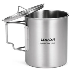 LIXADA 750ml Stainless Steel Camping Mug with Lid & Foldable Handle